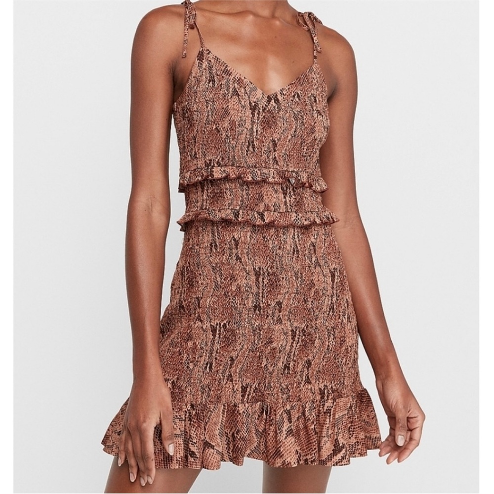 NEW! EXPRESS Snake Print Smocked Ruffle Tie Spaghetti Strap Mini Dress Size S